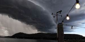 A line of storms associated with an east coast low sweeping over the Hawkesbury River north of Sydney in July 2020.