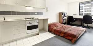 A Melbourne studio in student accommodation that is advertised for $320 per week.