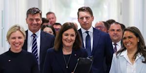 The anti-net zero bloc:Senator Jessica Collins,opposition minister for defence Angus Taylor,Senator Sarah Henderson,member for Canning Andrew Hastie and Senator Jacinta Nampijinpa Price with other Liberal MPs and senators arrive for their party room showdown on Wednesday.
