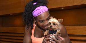 Serena Williams with her French Open trophy,and her dog Chip,in 2015. 