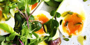 Soft-boiled egg,beans and greens salad.