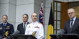 Vice Admiral David Johnston,centre,is announced as the new Defence Force chief,with Air Marshal Robert Chipman,Defence Minister Richard Marles,and Prime Minister Anthony Albanese.