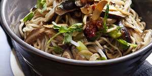 Egg noodles with shitake and bacon.
