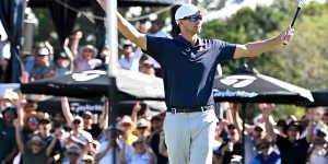 Adam Scott celebrates his only birdie of the second round on the party hole 17th in the Australian PGA Championship of 2022.