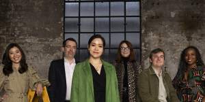 Young art collectors Beverley Ng and Ash Hopper,Claire Le Vis,Lindsay Clement-Meehan,Tom Eager and Livoi Wendo at Carriageworks ahead of Sydney Contemporary.