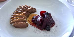 Duck breast with rhubarb,beetroot,blackberries and shiso.