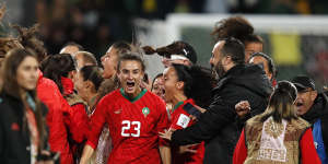 Morocco’s Rosella Ayane,centre,celebrates after her side’s victory over Colombia in Perth on Thursday.