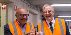 Peter Khalil at a factory in Brunswick last year with federal leader Anthony Albanese.