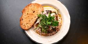 Roast lamb with hummus.