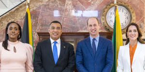 Prince William and Catherine with Jamaican Prime Minister Andrew Holness and his wife Juliet at his office in Kingston on Wednesday.