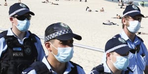 Police on Bondi Beach during COVID-19 lockdown.
