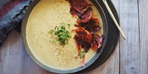 Roasted leek,potato and bacon soup with crispy caramelised prosciutto.