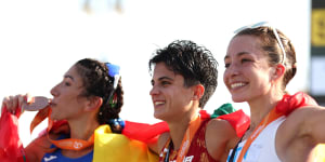 Bronze medallist Antonella Palmisano of Italy,gold medallist Maria Perez of Spain and silver medallist Jemima Montag of Australia after the 20km race walk 