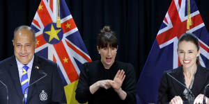 Niue president Dalton Tagelagi and New Zealand prime minister Jacinda Ardern speak to media during a press conference in New Zealand in July. 