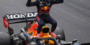 Red Bull’s Max Verstappen celebrates after winning the Monaco Grand Prix on Sunday.
