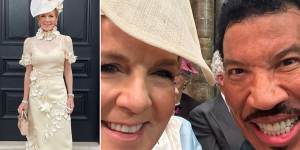 Former politician Julie Bishop on her way to the coronation wearing a Zimmermann ensemble with a Nerida Winter hat;with singer Lionel Richie at Westminster Abbey.