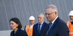 NSW Premier Gladys Berejiklian,Deputy Prime Minister Michael McCormack and Prime Minister Scott Morrison on Monday.