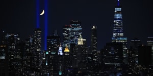 The Tribute In Light shines up from Lower Manhattan on September 11,2021 in New York City. 