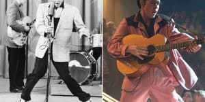 Elvis Presley,left,in one of his signature suits,and Austin Butler who plays the King in a new biopic. 
