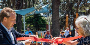 Mayor Sue Heins and state MP James Griffin at the ribbon cutting ceremony at Northern Beaches Council’s Freshwater Beach Playground,before it was abruptly shut.