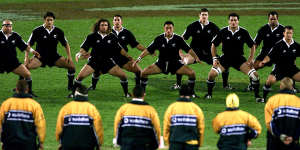 The Wallabies,still in their tracksuits,stare down a Maori All Blacks haka in 2001.
