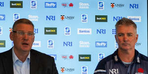 NSW Rugby boss Paul Doorn and outgoing Waratahs coach Darren Coleman. 