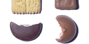 The four semi-finalists in the Good Food Arnott’s chocolate biscuit battle. Clockwise from top left:Chocolate Scotch Finger,Tim Tam,Royal,Mint Slice.
