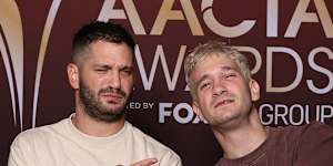 GOLD COAST,AUSTRALIA - FEBRUARY 06:Micheal and Danny Philippou pose during the 2026 AACTA Awards at HOTA (Home of the Arts) on February 06,2026 in Gold Coast,Australia. (Photo by Don Arnold/Getty Images for AACTA)