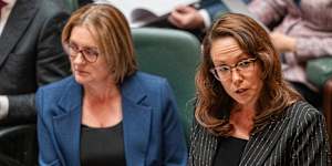 Treasurer Jaclyn Symes delivering her budget speech in parliament next to Premier Jacinta Allan.