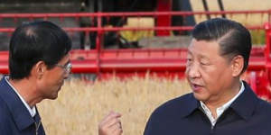 Chinese President Xi Jinping,right,visits a farm in Jiansanjiang in 2018.