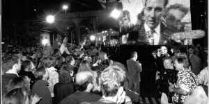 Prime Minister Paul Keating on screen after the winning bid announcement,September 23,1993. 