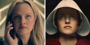 Elisabeth Moss in The Veil,left,and The Handmaid’s Tale.