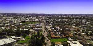 This drone image looks west over Highgate and Leederville,with Bulwer Street running down the centre. The photograph shows no notable increase in building heights or density as you head north towards the city (just out of the frame on the left). 