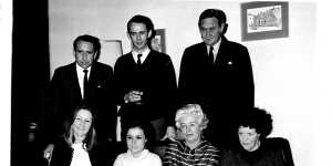 Then prime minister John Gorton and his family watch the broadcast of a Gorton speech on October 13,1969,with Tony Eggleton (standing,left) and Ainsley Gotto (seated,second from left). Gorton’s wife Bettina is seated third from left.