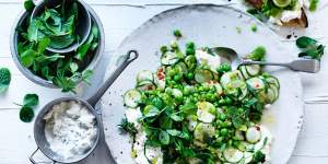 Neil Perry's homemade ricotta with smashed broad beans,peas and mint.