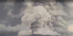 Tonga Hunga Ha’apai volcano spewing ash,gas and steam into the atmosphere.