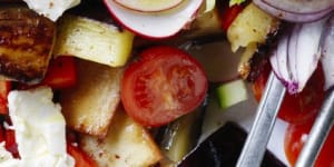 Adam Liaw's fried eggplant and feta fattoush