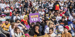 Voice supporters gather for the Come Together for Yes campaign in Sydney’s Prince Alfred Park.