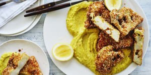Cauliflower fritters with Japanese-style curried egg sauce.