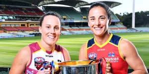 Lions captain Jade Ellenger and Adelaide Crows’ Angela Foley before the AFLW grand final at Adelaide Oval in April.