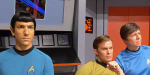 Spock (Brandon Stacy),Kirk (Brian Gross) and McCoy (John M. Kelley) in Star Trek:The New Voyages,a fan-produced online series.