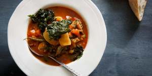 Soup for all seasons:Roasted root vegetable minestrone with pancetta.