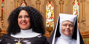 Casey Donovan as Deloris Van Cartier and Genevieve Lemon as Mother Superior in the Australian production of Sister Act.