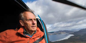 Environmentalist and former Greens senator Bob Brown looks over World Heritage-listed areas of Tasmania from the air. 