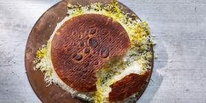 Persian rice with bread (or tortilla) crust.