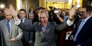 Nigel Farage,the leader of the UK Independence Party celebrates.