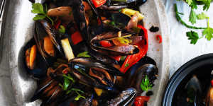 Kylie Kwong's stir-fried mussels with black beans,chilli and native herbs.