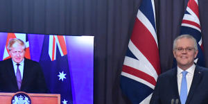 AUKUS announcement:Scott Morrison at the virtual joint press conference with British Prime Minister Boris Johnson and US President Joe Biden.