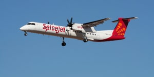 A SpiceJet Bombardier Q400. This aircraft was developed from the de Havilland Canada Dash 8. SpiceJet has 23 of them in its fleet.