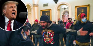 The US Capitol riot. Inset:Former US President Donald Trump.